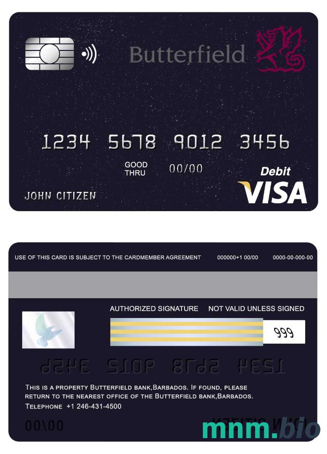 Barbados Butterfield bank przykład karty visa w formacie PSD